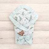 Paturica de infasat, MimiNu, Multifunctionala, Cu volanase, Cu inchidere cu panglica si arici velcro, Dimensiune 75x75 cm, Din bumbac certificat Oeko Tex Standard 100, Lulu Natural/Mint