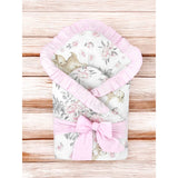 Paturica de infasat, MimiNu, Multifunctionala, Cu volanase, Cu inchidere cu panglica si arici velcro, Dimensiune 75x75 cm, Din bumbac certificat Oeko Tex Standard 100, Sweet Deer Pink/Pink