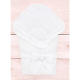 Paturica de infasat, MimiNu, Multifunctionala pentru botez, Cu volanase, Cu inchidere cu panglica si arici velcro, Dimensiune 75x75 cm, Din bumbac certificat Oeko Tex Standard 100, White