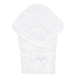 Paturica de infasat, MimiNu, Multifunctionala pentru botez, Cu volanase, Cu inchidere cu panglica si arici velcro, Dimensiune 75x75 cm, Din bumbac certificat Oeko Tex Standard 100, White