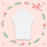 Paturica de infasat, MimiNu, Multifunctionala pentru botez, Cu volanase, Cu inchidere cu panglica si arici velcro, Dimensiune 75x75 cm, Din bumbac certificat Oeko Tex Standard 100, White