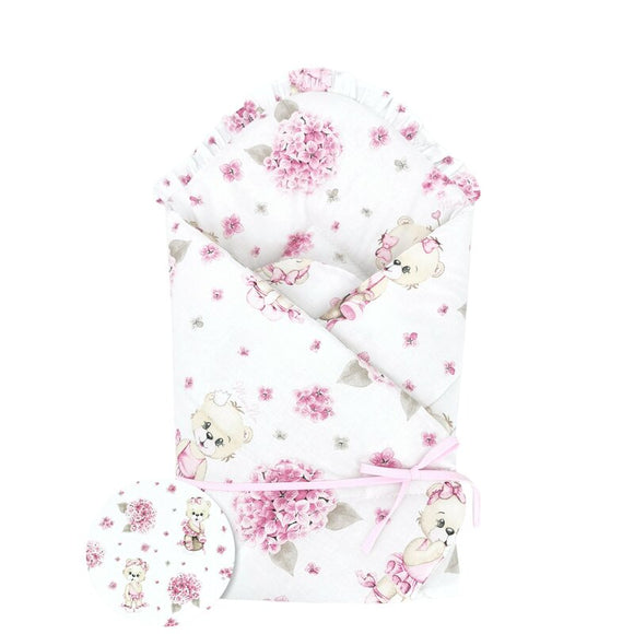 Paturica de infasat, MimiNu, Cu panglica, Cu multiple utilizari, Cu inchidere arici velcro, Dimensiune 75x75 cm, Din bumbac certificat Oeko Tex Standard 100, Design, Pink Ballerina