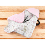 Paturica calduroasa de infasat, MimiNu, Pentru scoica, scaun auto/carucior, Cu gluga si urechi, Cu sistem de prindere pe baza de velcro, Dimensiune 90x90 cm, Din tesatura pufoasa Minky + Bumbac, Materiale certificate Oeko Tex Standard 100, Sweet Deer Pink