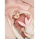 Sac de dormit, MimiNu, Pentru bebelusi, De iarna, Cu volanase, Din bumbac certificat Oeko Tex Standard 100, Cu fermoar lateral, Cu capse pe umar, 70 cm, 0 - 6 luni, 2.5 Tog, Colectia Royal, Powder Pink