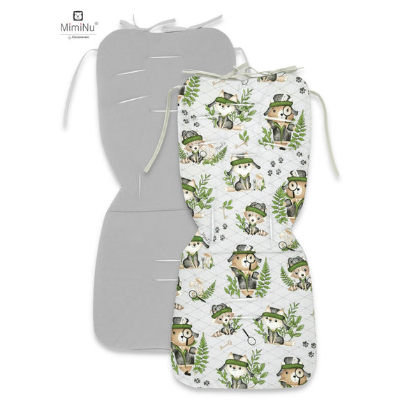 Salteluta pentru carucior, MimiNu, Reversibila, Cu doua fete, Din catifea si bumbac, Materiale certificate Oeko Tex Standard 100, 78 x 34 cm, Minky Detective Natural