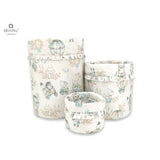 Cutie depozitare jucarii, MimiNu, Set 3 cosuri rotunde cu dimensiuni generoase pentru jucarii, Cu volanase, Dimensiuni 50x35 cm, 35x30 cm, 19x23 cm, Din bumbac certificat Oeko Tex Standard 100, Design, Zoo on Bikes Nugat