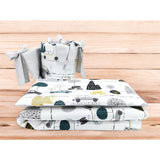 Lenjerie patut cu 3 piese, MimiNu, Pentru patut 120x60 cm, Cu protectie laterala, Din bumbac certificat Oeko Tex Standard 100, Childrens Journey Grey