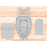Set 4 in 1 Cosulet bebelus, MimiNu, Baby Cocoon 75x55 cm, Cu volanase, Husa bumbac, Din bumbac certificat Oeko Tex Standard 100, Cu paturica cu volanase 50x70 cm, Cu saltelut, Cu perna fluture, Colectia Royal, Grey