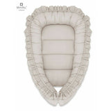 Set 4 in 1 Cosulet bebelus, MimiNu, Baby Cocoon 75x55 cm, Cu volanase, Husa bumbac, Din bumbac certificat Oeko Tex Standard 100, Cu paturica cu volanase 50x70 cm, Cu salteluta, Cu perna fluture, Colectia Royal, Beige