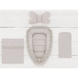 Set 4 in 1 Cosulet bebelus, MimiNu, Baby Cocoon 75x55 cm, Cu volanase, Husa bumbac, Din bumbac certificat Oeko Tex Standard 100, Cu paturica cu volanase 50x70 cm, Cu salteluta, Cu perna fluture, Colectia Royal, Beige