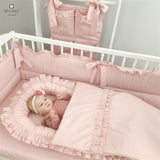 Set 4 in 1 Cosulet bebelus, MimiNu, Baby Cocoon 75x55 cm, Cu volanase, Husa bumbac, Din bumbac certificat Oeko Tex Standard 100, Cu paturica cu volanase 50x70 cm, Cu salteluta, Cu perna fluture, Colectia Royal, Powder Pink