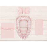 Set 4 in 1 Cosulet bebelus, MimiNu, Baby Cocoon 75x55 cm, Cu volanase, Husa bumbac, Din bumbac certificat Oeko Tex Standard 100, Cu paturica cu volanase 50x70 cm, Cu salteluta, Cu perna fluture, Colectia Royal, Powder Pink