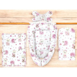 Set 4 in 1 Cosulet bebelus, MimiNu, Baby Cocoon 75x55 cm, Husa bumbac, Din bumbac certificat Oeko Tex Standard 100, Cu paturica 50x70 cm, Cu salteluta, Cu perna fluture, Design, Pink Ballerina