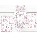 Set 4 in 1 Cosulet bebelus, MimiNu, Baby Cocoon 75x55 cm, Husa bumbac, Din bumbac certificat Oeko Tex Standard 100, Cu paturica 50x70 cm, Cu salteluta, Cu perna fluture, Design, Pink Ballerina