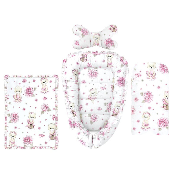 Set 4 in 1 Cosulet bebelus, MimiNu, Baby Cocoon 75x55 cm, Husa bumbac, Din bumbac certificat Oeko Tex Standard 100, Cu paturica 50x70 cm, Cu salteluta, Cu perna fluture, Design, Pink Ballerina