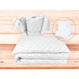 Lenjerie patut cu 5 piese, MimiNu, Pentru patut 120x60 cm, Cu pilota si perna, Din bumbac certificat Oeko Tex Standard 100, Mini Gray Stars