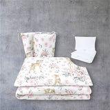 Lenjerie patut cu 5 piese, MimiNu, Pentru patut 120x60 cm, Cu pilota si perna, Din bumbac certificat Oeko Tex Standard 100, Sweet Deer Pink