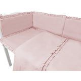 Lenjerie patut cu 5 piese, MimiNu, Pentru patut 120x60 cm, Cu volanase, Cu pilota si perna, Din bumbac certificat Oeko Tex Standard 100, Colectia Royal, Powder Pink
