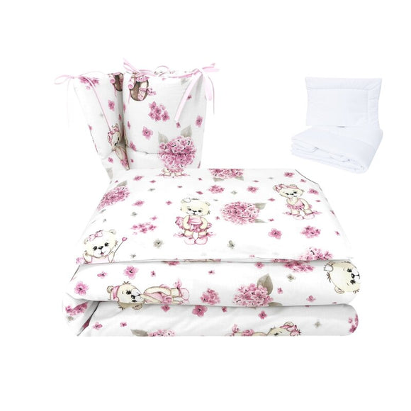 Lenjerie patut cu 5 piese, MimiNu, Pentru patut 120x60 cm, Cu pilota si perna, Din bumbac certificat Oeko Tex Standard 100, Design, Pink Ballerina