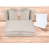 Lenjerie patut cu 6 piese, MimiNu, Pentru patut 120x60 cm, Cu volanase, Cu pilota si perna, Cu doua aparatori laterale, Din bumbac certificat Oeko Tex Standard 100, Colectia Royal, Beige