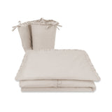 Lenjerie patut cu 6 piese, MimiNu, Pentru patut 120x60 cm, Cu volanase, Cu pilota si perna, Cu doua aparatori laterale, Din bumbac certificat Oeko Tex Standard 100, Colectia Royal, Beige