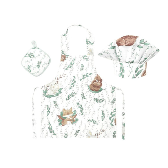 Set Micutul bucatar, MimiNu, Cu sort, o boneta si accesoriu pentru vase calde, Din bumbac certificat Oeko Tex Standard 100, Lulu Natural