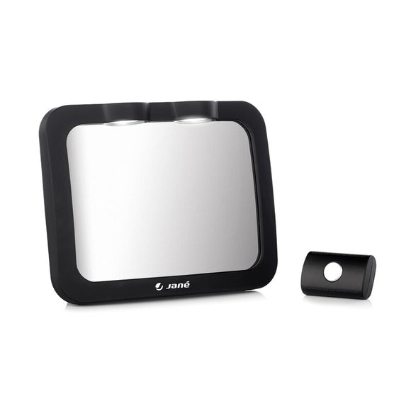 Oglinda auto, Jane, Pentru masina, Cu iluminare LED, Include telecomanda pentru pornire si oprire usoara, Din sticla rezistenta la spargere, 28 x 7 x 20 cm, Black
