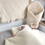 Paturica de infasat, Qmini, Din muselina dubla, Cu inchidere cu panglica, Dimensiune 75x75 cm, Din material certificat Oeko Tex Standard 100, Warm Beige