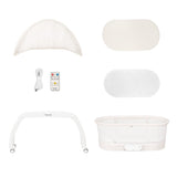 Patut balansoar, Lionelo, Coral, Cu landou ergonomic detasabil, Functie de balansare integrata, Functie de cantar, Sunete si cantece de leagan, Cu roti, Panou tactil sau telecomanda, 0-9 kg, EN 1130:2019+AC:2020,EN 16890:2017+A1:2021, Alb