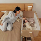 Patut co-sleeper, Lionelo, Thomi Plus, 5 in 1, Multifunctional, Sustine pana la 9 kg ca patut, 15 kg tarc de joaca, 100 kg canapea, Inaltime reglabila in 7 pozitii, De la nastere pana la 4 ani, Cu 2 saltele din spuma T25, 94x70x77-93,5 cm, Maro