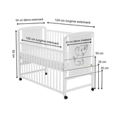 Patut din lemn bebe, 120x60 cm, Cu laterala culisanta, Din lemn de pin si mdf, Stabil si rezistent, Inaltime saltea reglabila pe 3 nivele, Laterala cu 3 bete detasabile, EN716-1, EN716-2, Alb, Qmini, Timmi Elephant