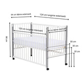 Patut din lemn bebe, 120x60 cm, Cu laterala culisanta, Din lemn de pin, Stabil si rezistent, Inaltime saltea reglabila pe 3 nivele, Laterala cu 3 bete detasabile, EN716-1, EN716-2, Alb, Qmini, Maya + Saltea 10 cm