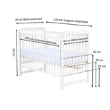 Patut din lemn bebe, 120x60 cm, Cu laterala culisanta, Din lemn de pin, Stabil si rezistent, Inaltime saltea reglabila pe 3 nivele, Laterala cu 3 bete detasabile, EN716-1, EN716-2, Alb, Qmini, Agata