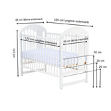 Patut din lemn bebe, 120x60 cm, Cu laterala culisanta, Din lemn de pin, Stabil si rezistent, Inaltime saltea reglabila pe 3 nivele, Laterala cu 3 bete detasabile, EN716-1, EN716-2, Alb, Qmini, Julia II, Elefantel + Saltea 12 cm