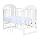 Patut din lemn bebe, 120x60 cm, Cu laterala culisanta, Din lemn de pin, Stabil si rezistent, Inaltime saltea reglabila pe 3 nivele, Laterala cu 3 bete detasabile, EN716-1, EN716-2, Alb, Qmini, Julia II, Elefantel + Saltea 8 cm