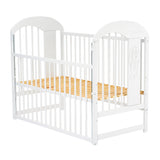 Patut din lemn bebe, 120x60 cm, Cu laterala culisanta, Din lemn de pin, Stabil si rezistent, Inaltime saltea reglabila pe 3 nivele, Laterala cu 3 bete detasabile, EN716-1, EN716-2, Alb, Qmini, Julia II, Elefantel + Saltea 12 cm