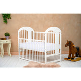 Patut din lemn bebe, 120x60 cm, Cu laterala culisanta, Din lemn de pin, Stabil si rezistent, Inaltime saltea reglabila pe 3 nivele, Laterala cu 3 bete detasabile, EN716-1, EN716-2, Alb, Qmini, Julia II, Elefantel