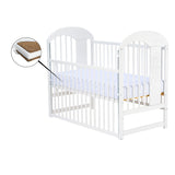 Patut din lemn bebe, 120x60 cm, Cu laterala culisanta, Din lemn de pin, Stabil si rezistent, Inaltime saltea reglabila pe 3 nivele, Laterala cu 3 bete detasabile, EN716-1, EN716-2, Alb, Qmini, Julia II, Elefantel + Saltea 8 cm