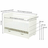 Patut din lemn bebe, 120x60 cm, Cu sertar, Cu sina speciala pentru dentitie, Multifunctional, EN716-1, EN716-2, Alb, Qmini, Julia + Saltea 10 cm