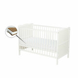 Patut din lemn bebe, 120x60 cm, Cu sina speciala pentru dentitie, Multifunctional, EN716-1, EN716-2, Alb, Qmini, Julia + Saltea 10 cm