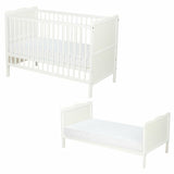 Patut din lemn bebe, 120x60 cm, Cu sina speciala pentru dentitie, Multifunctional, EN716-1, EN716-2, Alb, Qmini, Julia + Saltea 10 cm