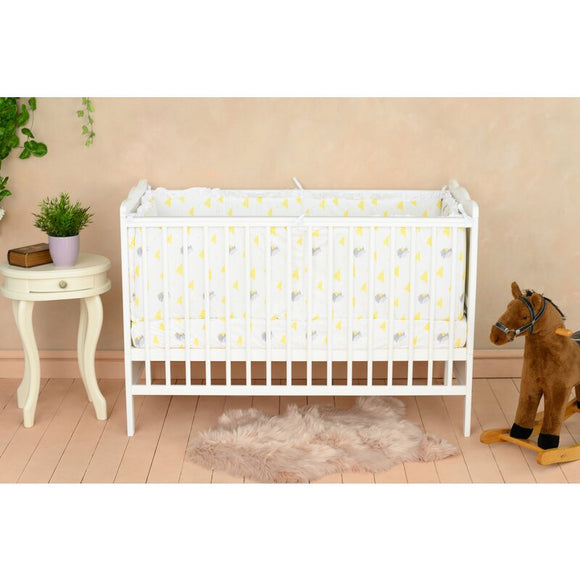 Patut din lemn bebe, 120x60 cm, Cu sina speciala pentru dentitie, Multifunctional, EN716-1, EN716-2, Alb, Qmini, Julia + Saltea 12 cm