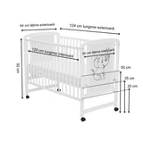 Patut din lemn bebe, 120x60 cm, Din lemn de pin si mdf, Stabil si rezistent, Inaltime saltea reglabila pe 3 nivele, Laterala cu 3 bete detasabile, EN716-1, EN716-2, Alb, Qmini, Timmi Elephant + Saltea 10 cm