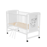 Patut din lemn bebe, 120x60 cm, Din lemn de pin si mdf, Stabil si rezistent, Inaltime saltea reglabila pe 3 nivele, Laterala cu 3 bete detasabile, EN716-1, EN716-2, Alb, Qmini, Timmi Elephant + Saltea 10 cm