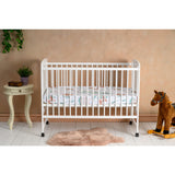 Patut din lemn bebe, 120x60 cm, Din lemn de pin si mdf, Stabil si rezistent, Inaltime saltea reglabila pe 3 nivele, Laterala cu 3 bete detasabile, EN716-1, EN716-2, Alb, Qmini, Timmi Elephant + Saltea 10 cm
