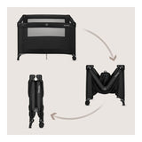 Patut pliant, Lionelo, Amelie, Cu intrare laterala, 100.5×70.5 cm, Include salteluta, roti, geanta pentru transport, Constructie usoara- 7 kg, Cadru stabil din otel, Negru