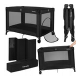 Patut pliant, Lionelo, Amelie, Cu intrare laterala, 100.5×70.5 cm, Include salteluta, roti, geanta pentru transport, Constructie usoara- 7 kg, Cadru stabil din otel, Negru