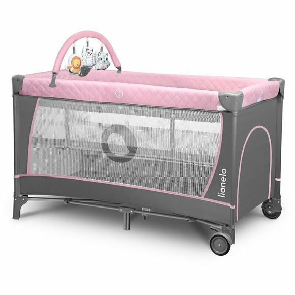 Patut pliant, Lionelo, Flower, Cu doua nivele, Cu arcada, Geanta transport, Masuta de infasat, Bara cu jucarii, Fereastra laterala, 120x60 cm, Conform cu standardele europeane de securitate EN 716 si EN12221, Roz, Resigilat