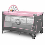 Patut pliant, Lionelo, Flower, Cu doua nivele, Cu arcada, Geanta transport, Masuta de infasat, Bara cu jucarii, Fereastra laterala, 120x60 cm, Conform cu standardele europeane de securitate EN 716 si EN12221, Roz, Resigilat