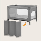 Patut pliant, Lionelo, Jasmin Easy Fold, Pana la 15 kg, Usor de pliat, Cu doua nivele, Cu saltea ergonomica T25, Cu intrare laterala cu fermoar, 2 roti cu frana, 123 x 67 cm, Conform cu EN 716, 0-36 luni, Gri